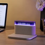 Amoovars ALVA-GRAND Cyber PLAY 5-In-1 Bluetooth Speaker, Wireless Charger, Night Light ,Alarm Clock, Seven Colors Lighting (Beige)