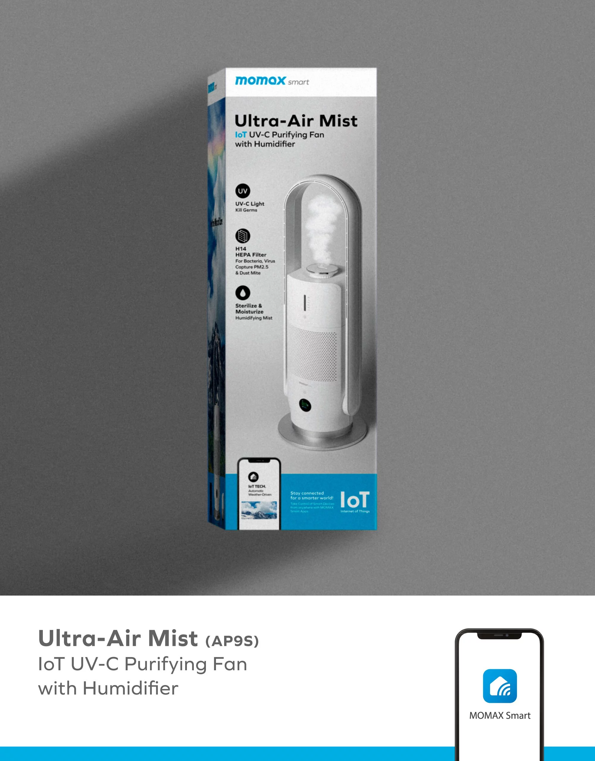 Momax AP9S 400平方呎 智能紫外光空氣淨化加濕風扇