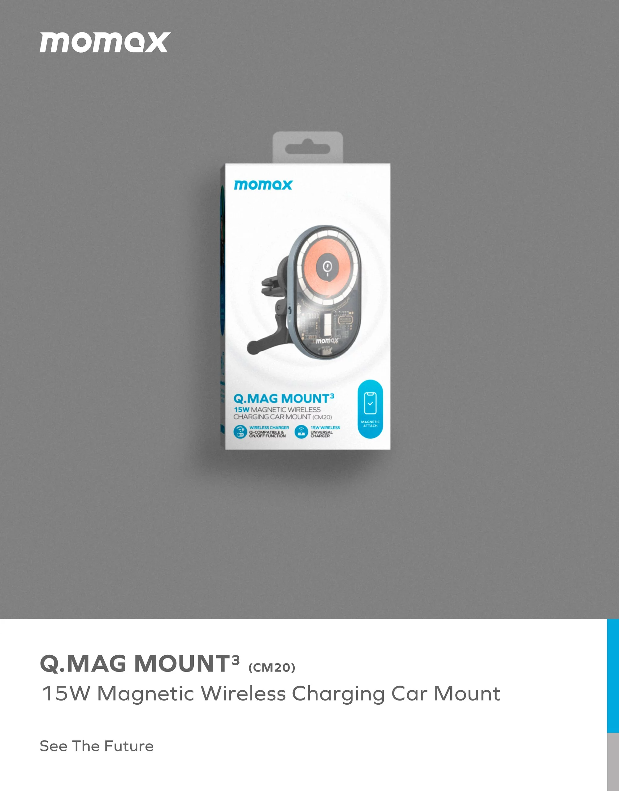 Momax CM20 15W 透明磁吸無線充電車載支架
