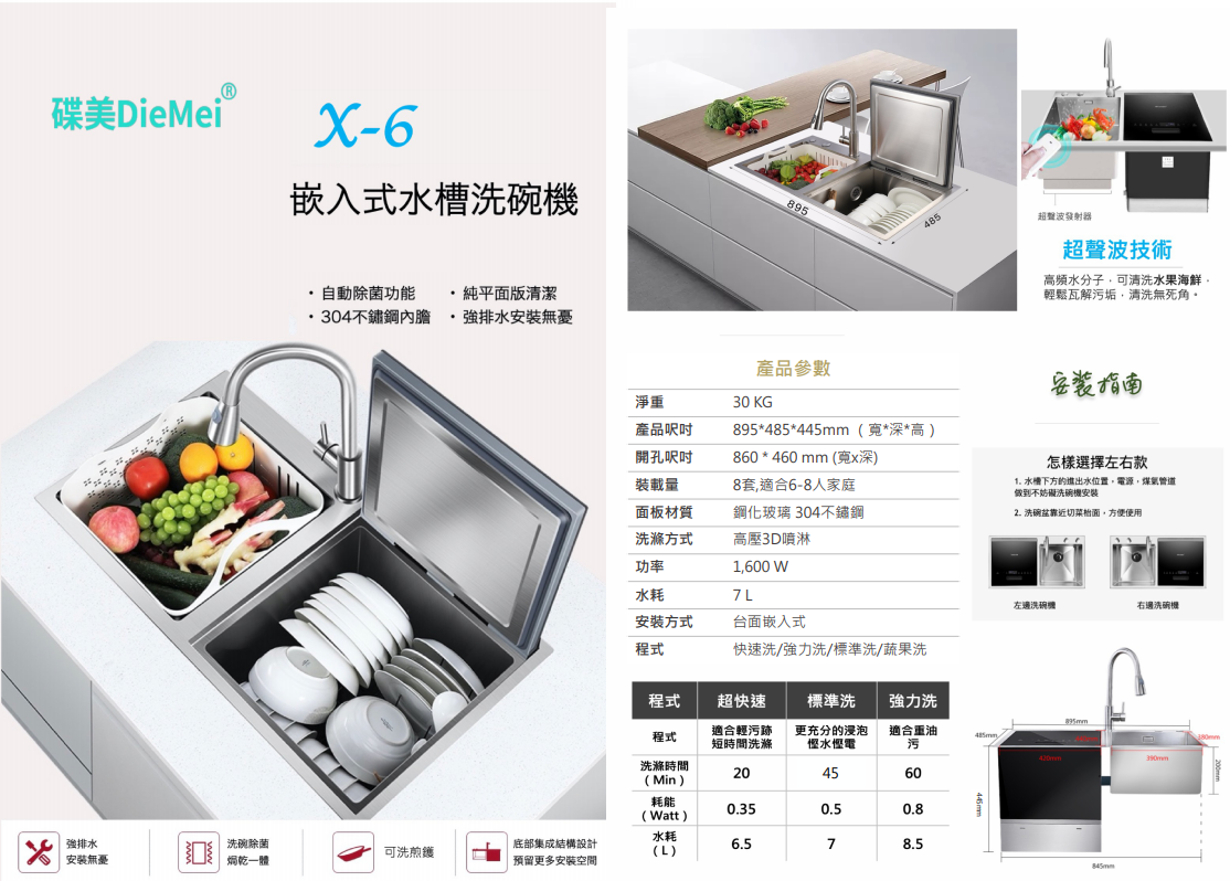 【已停產】Dipmei 碟美 X-6 90厘米 檯面型 水槽嵌入式洗碗機 連昇盤